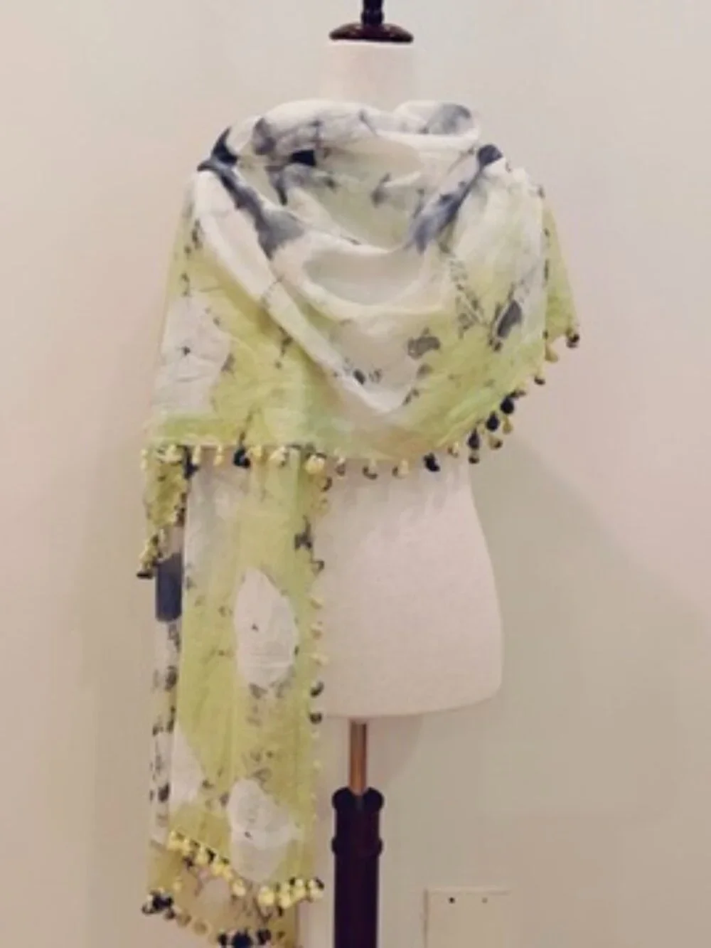 Aanya Silk Cotton Scarf Wrap Womens Lime Green Gray Shibori Tie Dye Tassel